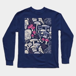 Mystical fungi // midnight blue background ivory pale blue and dark pink wild mushrooms Long Sleeve T-Shirt